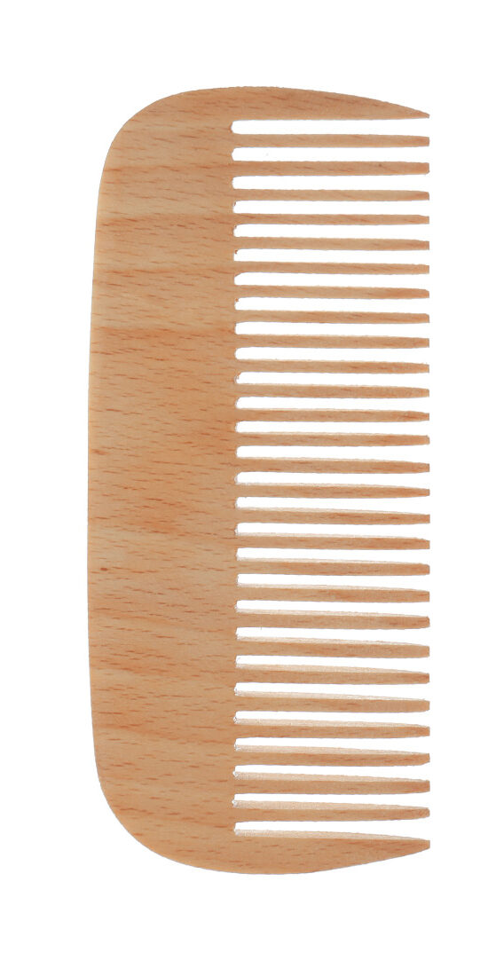 Wooden comb with wide teeth for detangling hair.